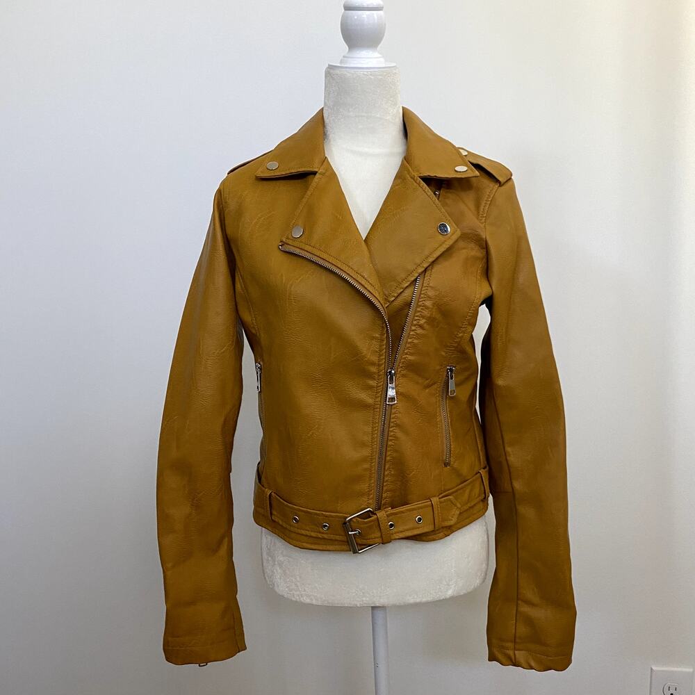 Fashion Nova Araxie Vegan Leather Moto Jacket Mustard Small NWOT